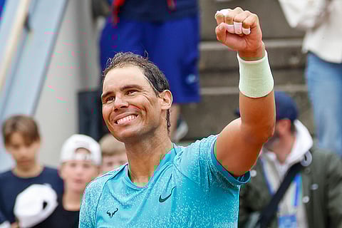 Rafael Nadal celebrates after defeating Leo Borg